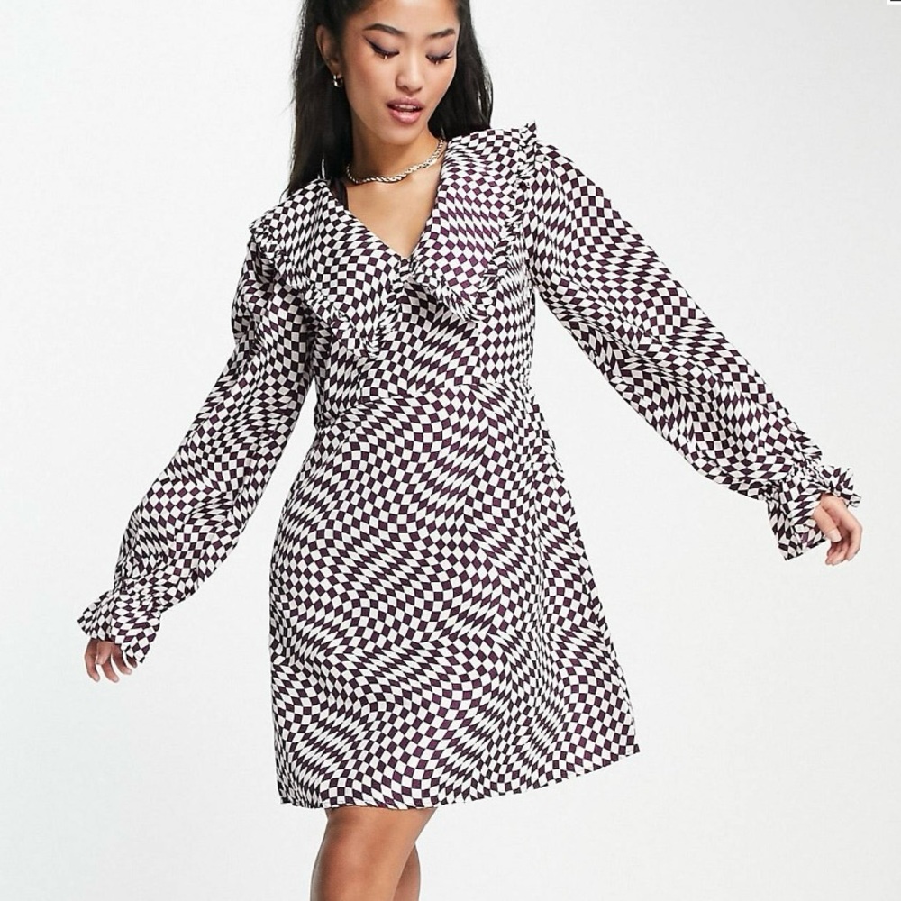 NWT Pieces brand oversized collar mini dress in purple checkerboard